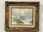 H. Gibson Signed Oil Painting 8”X 10” Ornate Gold Wood Frame Landscape Beach