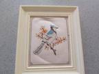 Framed Completed Cross Stitch Blue Jay Branch 5 5/8" X 6 3/4" Tiny Stitches Blue