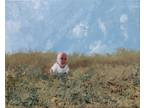 Oil Painting Baby Child Kid in Grassy Meadow Figure Landscape Art by A. Joli