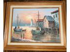 Original Max Savy Fishing Boat Harbor Lighthouse oil Painting on Canvas Framed