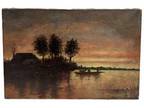 Antique 19thC American Oil Painting Tonalist Landscape Sunset Lake W Boat & Cows