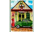 ACEO Original PAINTING Naive Gas Station Art Vintage Texaco by T Pendino