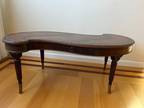 Kidney Coffee Table with Carved Legs, Drawer, Leather Inlays