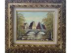 Vtg Oil Painting Cottage Landscape Bridge Ornate Framed 14.5x16.5 -8x10 Art Work