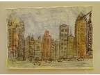 3DBeccaart Original Painting 'Buildings In Ink' .. City Art ACEO .. 2.5"x3.5"