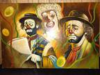 Hand painted 3 Clown Expressions Painting, Chestnut Brown Orange and Green