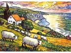 ORIGINAL Hand Painted Pen and Watercolor Art Card ACEO Sheep on a Hillside