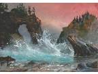 ACEO original miniature Seascape 1042 ocean cliffs rocks wave Paul M Woodruff