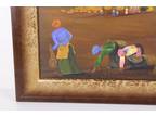 Vintage Folk Art People Working Acrylic Painting On Board Signed E. M Lee