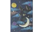 Aceo Orig Crescent Moon Mystic Black Kitten Cat Stars Twofrogfarm Impressionism