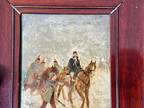 Antique Signed Walker Miniature Oil Painting on Board Soldiers Horseback, 7.5X9"