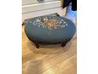 VINTAGE FLORAL VICTORIAN NEEDLE POINT FOOT STOOL oval very detailed blue green