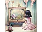ORIGINAL Oil Painting Girl Octopus Vtg TV Television Cute Weird POP Art OOAK 6x6