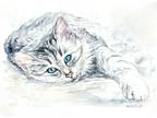 Cat Watercolor Original Painting Grey Cat Pet Portrait