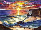 ORIGINAL Hand Painted Pen and Watercolor Art Card ACEO Australian Coast Sunset