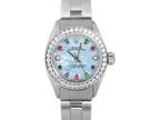 Rolex Ladies Oyster Perpetual Blue Mother Of Pearl Rainbow Dial Diamond Bezel