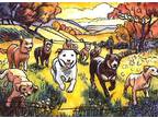 ORIGINAL Hand Painted Pen and Watercolor Art Card ACEO Dogs Running in Meadow