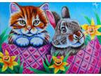 ACEO Original Cat Bunny Rabbit Flowers Eggs Landscape Miniature Painting Art