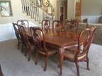 Thomasville "Kent Park" table with cover, 8 chairs and China Cab