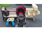 Baby stroller, Winnie the pooh bassinet, Graco playpen and an activity table
