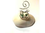 Silver Cat Ring with Green Bead Eyes
