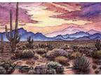 ORIGINAL Hand Painted Pen and Watercolor Art Card ACEO Dusk in the Desert