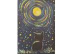 Aceo Orig Wish Upon a Star Eclipse Kitten Cat Full Moon Sun Impressionism