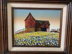 H. Hargrove Oil Painting "RED MAN TOBACCO BARN" Farm Stable Flowers 17" x 19"