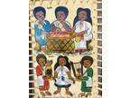 Ethiopian Painting on Leather Hand Painting 17" Framed Leather Wall Art Lot of 2
