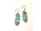 Silver Chainmaille Earrings with Round Blue Frosted Glass Beads
