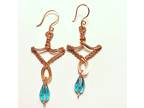 Copper wire woven earrings with blue crystal teardrop bead