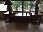 3 piece cherry wood coffee table with storage and 2 end tables with drawers