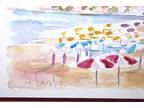 Seaside Watercolor Painting Gibert LeBash Beach Sand Sea Umbrella Custom Frame