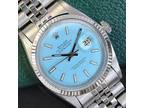Rolex Mens Datejust Gold & Steel Powder Blue Dial Fluted Bezel 36mm Watch 1601