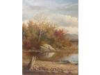 Original Vintage Autumn Scene Water & Mountain Painting, Signed, Oil on Canvas