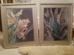 Two flower pictures with white/gold antiqued wooden frames