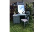 Antique Shabby Chic Charcoal Gray Vanity Desk Mirror and Chair