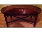 Old Chippendale Mahogany Banded Brass Drop Leaf Butler Tray Top Coffee Table USA