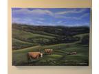 Grazing Cows Countryside Pastoral Landscape Original Painting by Nadya G