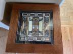 Mid Century Frank Lloyd Wright Style Stain Glass Tall Oak Stand - 36"H
