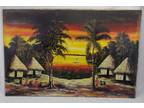 Vintage mid century African oil painting beach village sunset large 43 x 28