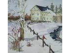 Vintage Signed Original watercolor landscape winter farmhouse sheep snow￼