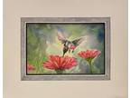 Art Watercolor Painting Original Hummingbird and Zinnias Matted Kittell Realism