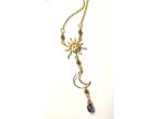 Gold Sun and Moon Necklace with Blue Crystal Bead