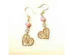Wire Wrap Gold Heart Earrings with Pink/White Bead