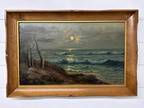 Vintage Original Eliza Barchus Oil Painting Moonlight Seascape Circa 1900 Signed