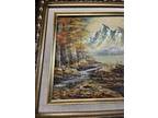 Vintage Oil on Canvas Custom Framed Painting Landscape Mountain River Scene Art