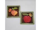 Vintage Hand Carved Wood Framed Wall Art Apple & Peach With Butterflies Retro