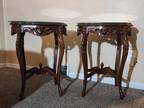 Antique French Louis XV Style Carved Inlaid End Tables with Glass Tops