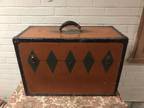 Antique Vtg Orange Green Circus Salesman Steamer Travel Trunk top Leather Handle